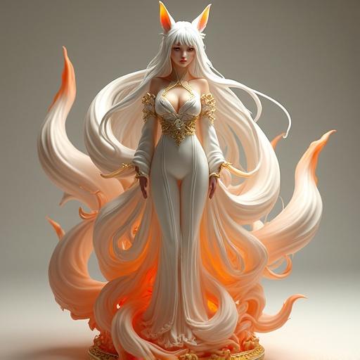 Sensual woman inspired by a nine-tailed fox. Long glossy hair and fox ears. Elegant kimono with gold details. Nine sculpted tails like flames. Majestic expression. Base with fire carving. Designed for resin printing.
