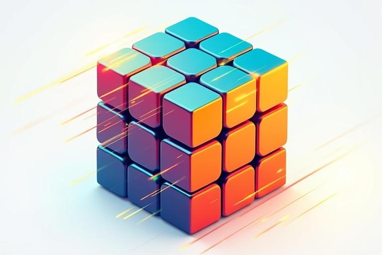 Isometric view of a speed cube featuring vibrant rainbow stickers. The cube has a smooth metallic sheen and includes motion lines for a sense of dynamism. Text overlay says SPEED CUBE.