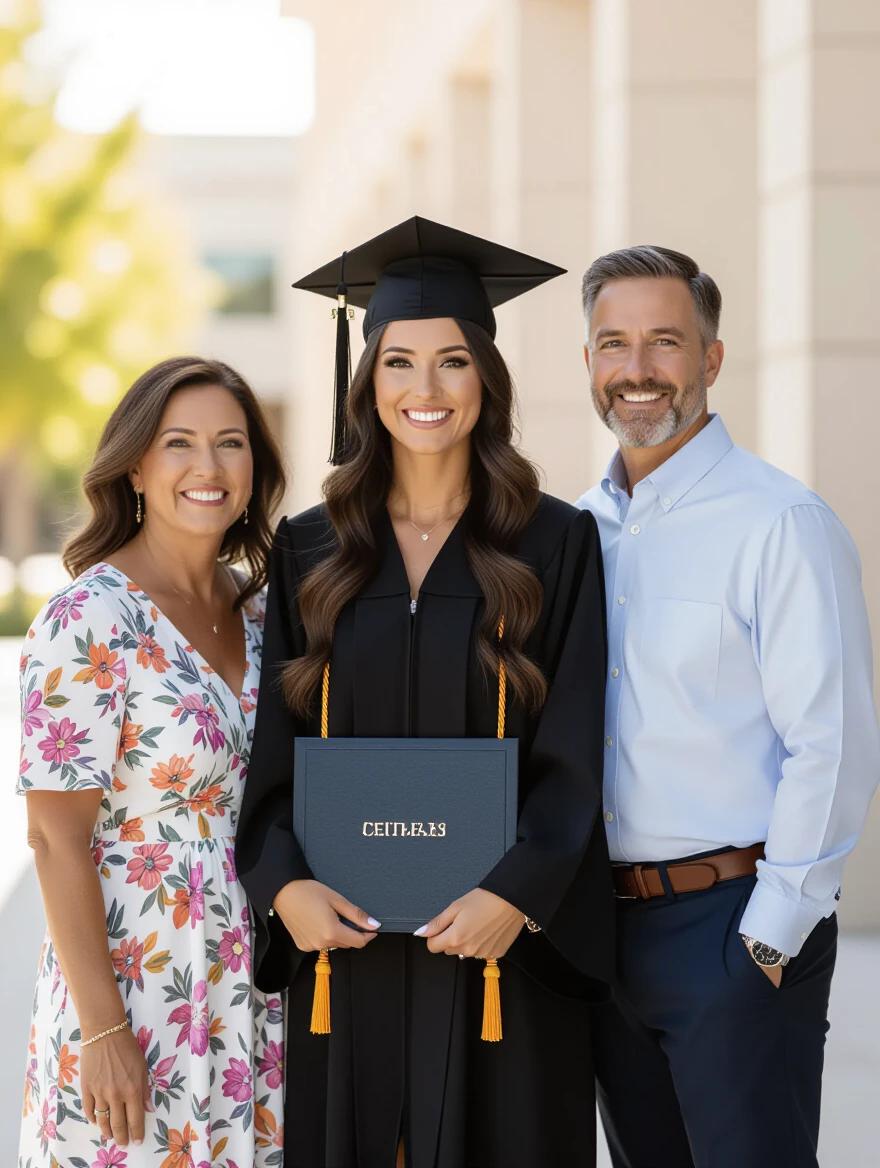 Graduate standing with family outside venue. Family looks proud. Graduate in center holding diploma. Natural daylight, warm colors. Medium shot with realistic details.