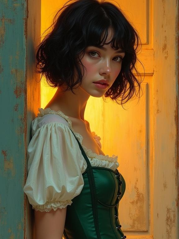Intimate full body portrait of a young woman. Tousled dark bob haircut. Soft natural makeup. Gentle expression. Wearing a period-inspired white blouse and green corset. Warm golden sunset lighting creates glow. Textured background with orange and blue colors. Digital painting with traditional oil paint aesthetics. Romantic nostalgic mood. Shallow depth of field on subject. Medium close-up composition. Inspired by Golden Age illustration.