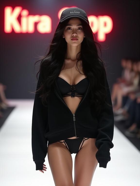 Young woman with long black hair walks confidently down a white catwalk. She wears a loose black hoodie, unbuttoned, and black thong panties. Model showcases beauty and poise. The background features illuminated text 'Kira Shop'.