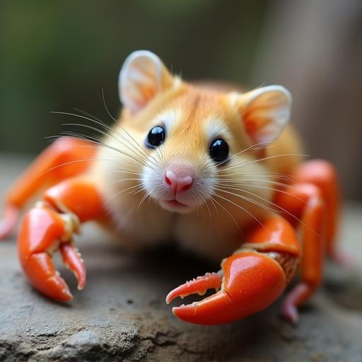 A hybrid creature combining features of a hamster and a crab. The creature has a furry orange body with large expressive eyes and crab-like claws. It is posed on a rocky surface.