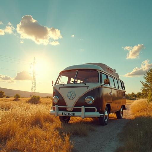 A realistic image of a vintage Volkswagen bus on a summer evening. The vehicle is parked in a field with tall grass under a sunset sky. Power lines in the background enhance the summer vibe.