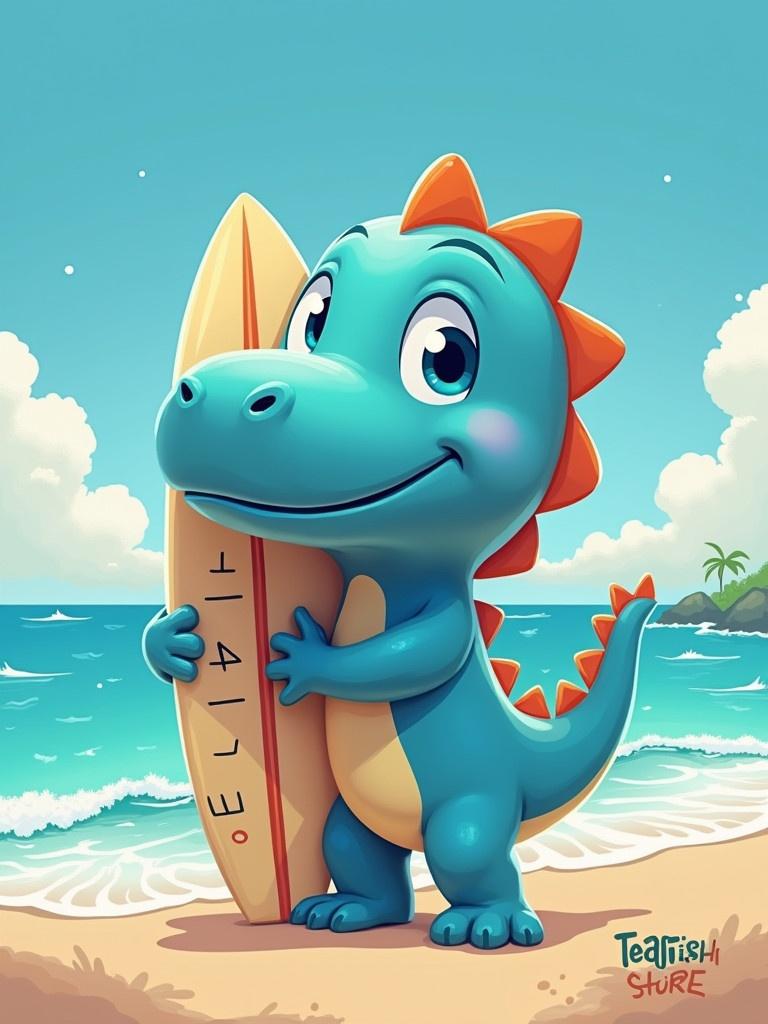 Cartoon dinosaur character on the beach holding a surfboard that reads 'ELIJAH' in a fun font. The surfboard has a dinosaur print design. The beach scene includes clear blue water and a sunny sky with a tropical island in the background.