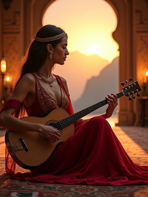 A beautiful Arabic woman plays an Oud in a Middle Eastern room. She wears a deep red traditional dress with gold embellishments. Long dark hair and gold jewelry enhance her elegance. The background features Arabian lamps and patterned carpets with soft golden light streaming in. A solemn figure in saffron and white sits distantly, lost in thought as a sunset casts shadows. The scene blends movement and stillness, capturing rich culture and reflection.