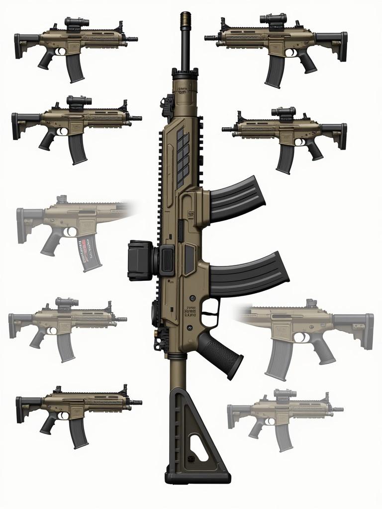 Illustration of a fictional CQB assault rifle with a sleek profile. Central rifle shown with a fictional cartridge. Surrounding images show different angles and customizations. Design features a shortened barrel and integrated rail system. Predominant colors are metallic and Flat Dark Earth.