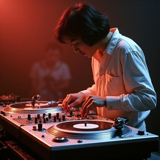 DJ Kil Jung-hwa from North Korea performing at the 1992 Ortofon World DJ Mixing Championships. Intense concentration while executing rapid turntable tricks. Energetic atmosphere with vibrant lighting.