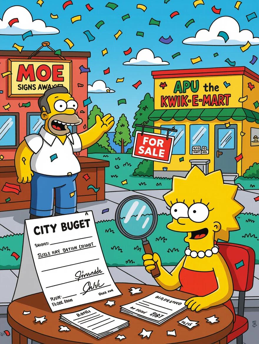 Springfield in a lively scene highlighting investment activities. Moe sells his bar, Apu advertises his store for sale, and Mayor Quimby holds a budget check. Lisa Simpson observes with concern, using a magnifying glass and contract papers scattered around. A colorful atmosphere with confetti falling from a clear blue sky.