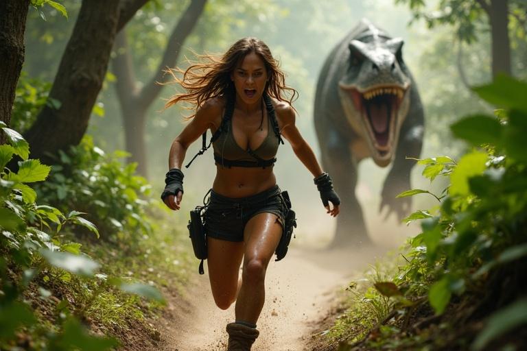 A woman in a dark brown crop top and tight shorts sprints through a jungle with wild, golden hair flowing behind her. She has a panicked expression. A T-Rex chases her through the dense foliage, jaws open wide, causing leaves and debris to scatter in the air. The ground shakes with its heavy steps. The scene captures the thrill of the chase from a low, rear tracking angle.
