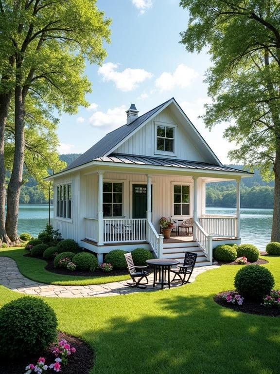 A charming lakeside cottage with a well-maintained garden. Small outdoor seating area with a table and chairs. Serene natural backdrop featuring a calm lake.