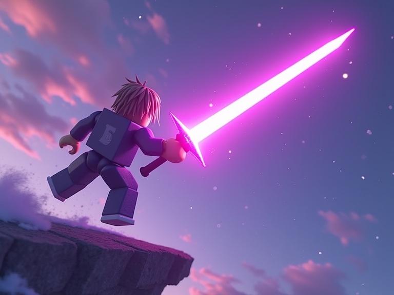 Thumbnail for Roblox ARPG game. Roblox character in action position mid-air. Wielding a glowing violet sword. Sword leaves a trail of light. Atmosphere of adventure and excitement.