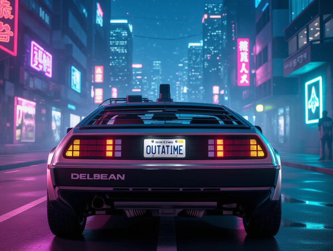 Rear view of a pink and teal DeLorean time machine. License plate reads OUTATIME. Parked in a cyberpunk city at night. Neon lights glowing in the background. A foggy atmosphere enhances the scene.