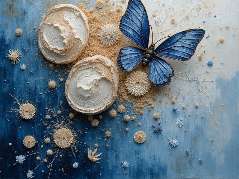 Artistic composition featuring a blue butterfly on a textured surface with cream-like substances and various materials. The artwork showcases rich textures and layers.