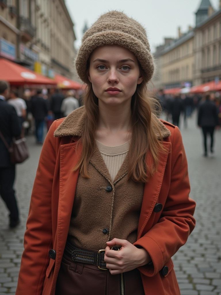 Young person wearing a rust-colored coat and beige hat. The person stands in a crowded street market, slightly blurred background shows vendors and shoppers.