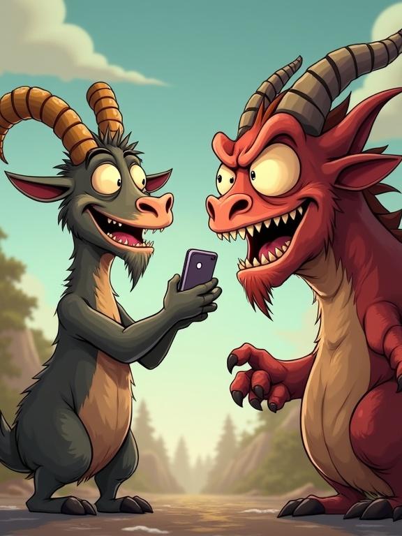 A cartoon goat with hooded eyes displays a phone to an angry, old dragon. The goat is smiling mischievously while the dragon looks shocked. Background features a vibrant landscape with trees and a river. Focus on exaggerated facial expressions.