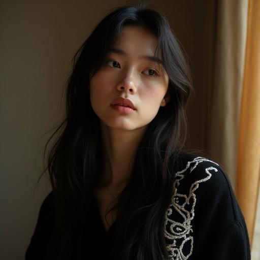 A portrait of a young woman with long black hair and fair skin. She has a thoughtful expression and slightly parted lips. The lighting is warm and moody. She wears a black sweater featuring a white abstract design on the shoulder. The background includes softly lit curtains in a neutral room tone. The atmosphere is calm and introspective.