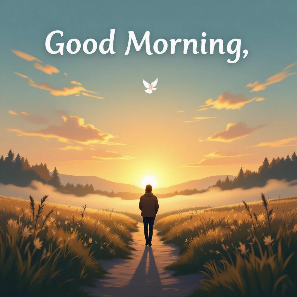 Inspirational image of a peaceful sunrise in a natural setting. Soft golden light illuminates a quiet path through a field. A single figure stands still or walks calmly toward the light. Hands slightly open as if in gratitude or prayer. Gentle morning mist surrounds the scene. Warm colors fill the landscape. A subtle white dove appears in the sky. The atmosphere is serene and hopeful, representing a new day. Ideal for a spiritual video background saying Good morning, God.