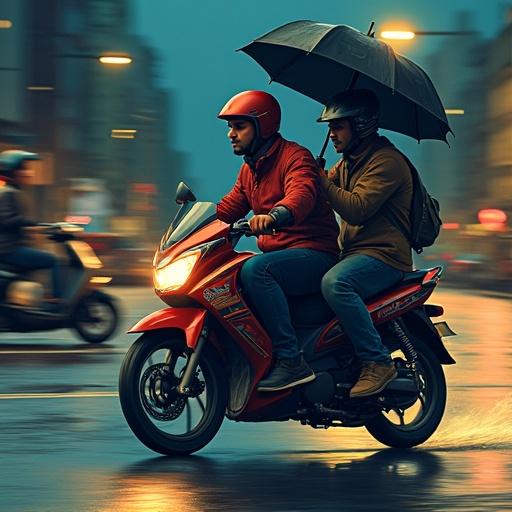 Two young Indian men ride a motorcycle at night. One man holds an umbrella in an attacking pose. A scooter is visible in front of them. The scene is semi-artistic with a Sin City color style.