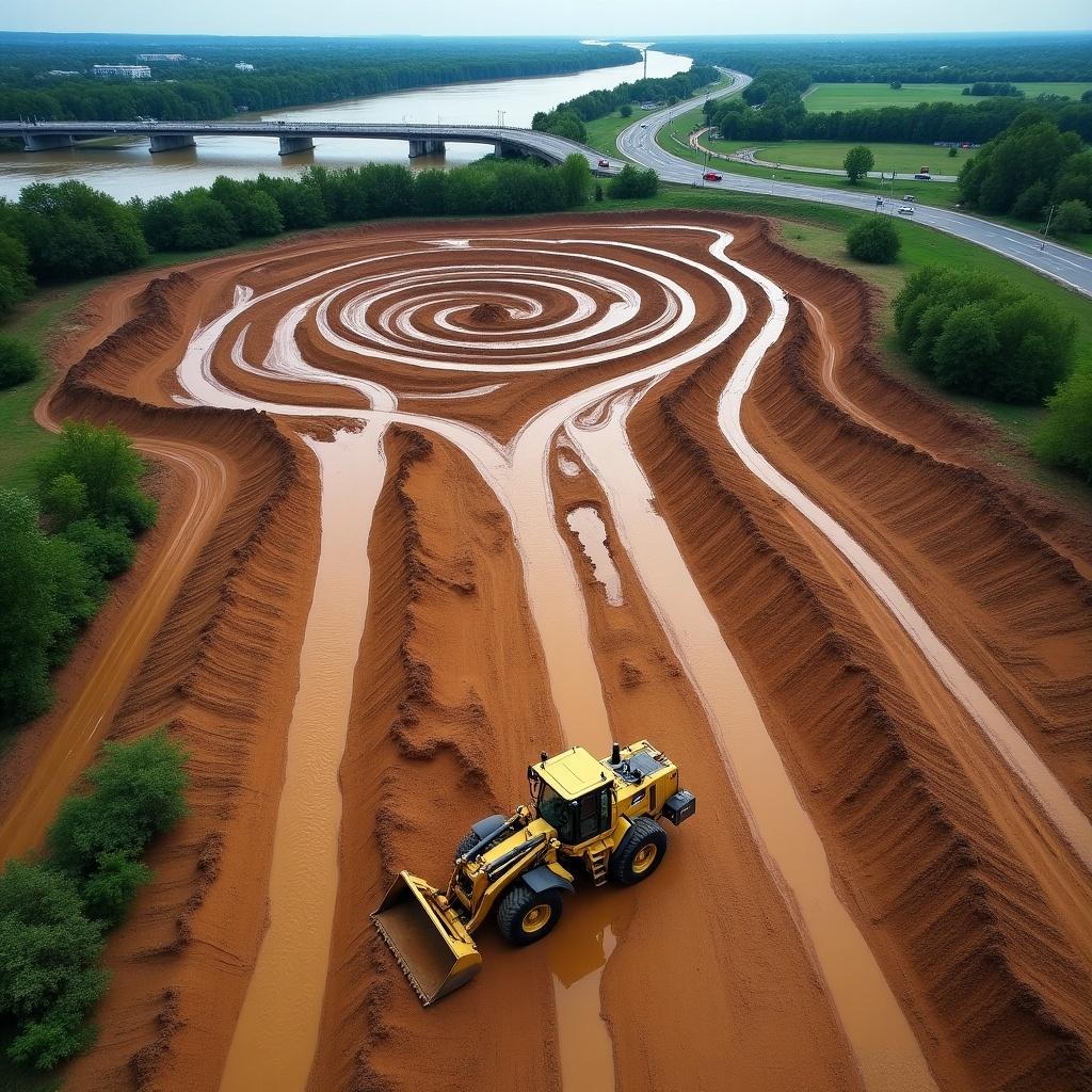 Drone photograph captures an aerial view of a construction site featuring a bulldozer. Wet muddy ground forms circular patterns. Green trees surround the area and a river runs in the distance.