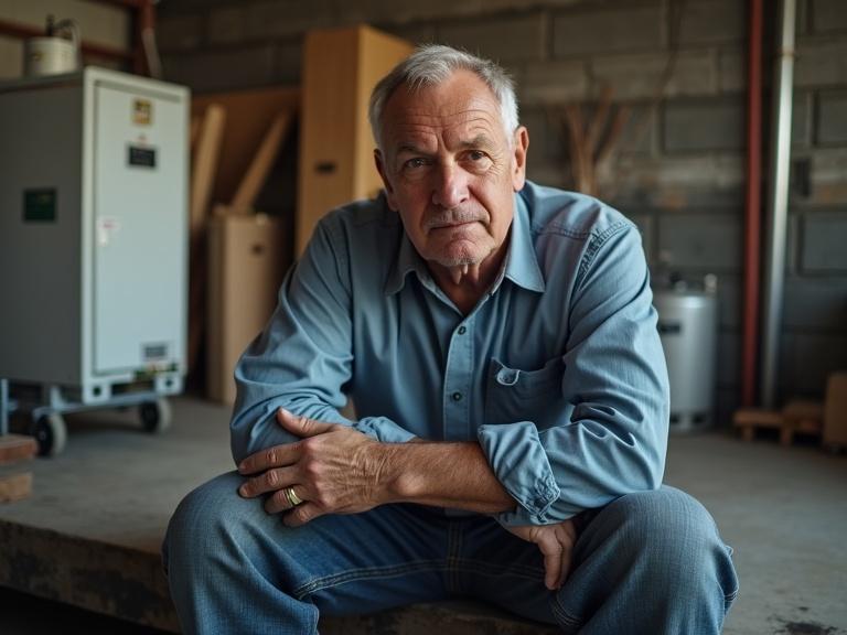 Man sitting on heating pump in large storage area. Expresses desperation about not selling the pump. Natural light. A low-angle perspective.