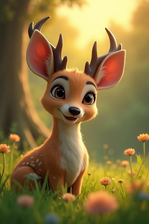 3D animated background depicting a zoo scene. Features a kudu surrounded by grass and flowers. Natural daylight setting. Cartoonish style for children's characters. Bright colors and lively atmosphere near a zoo enclosure.