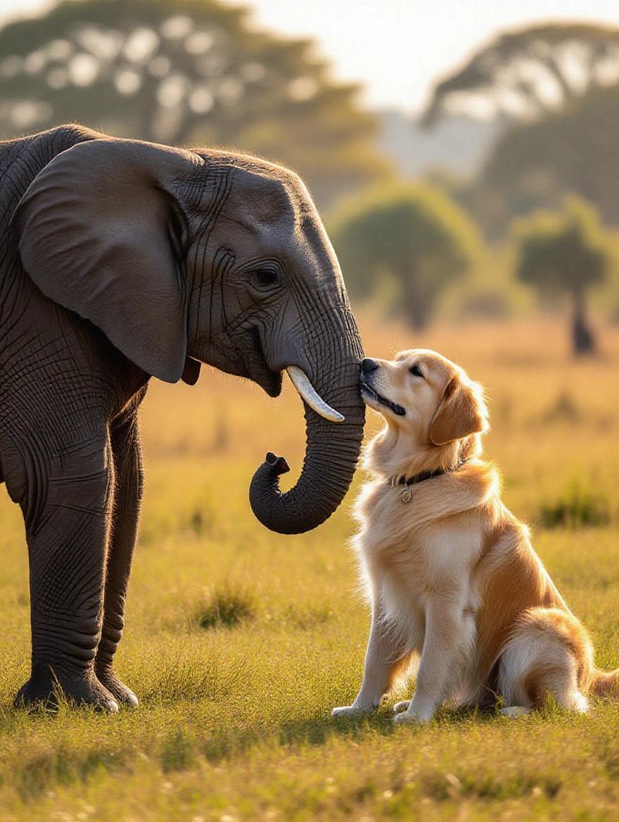 Elephant and golden retriever affectionately touching trunks and noses. Sunlit field with soft focus background. Emotional, tender moment. Photorealistic style.