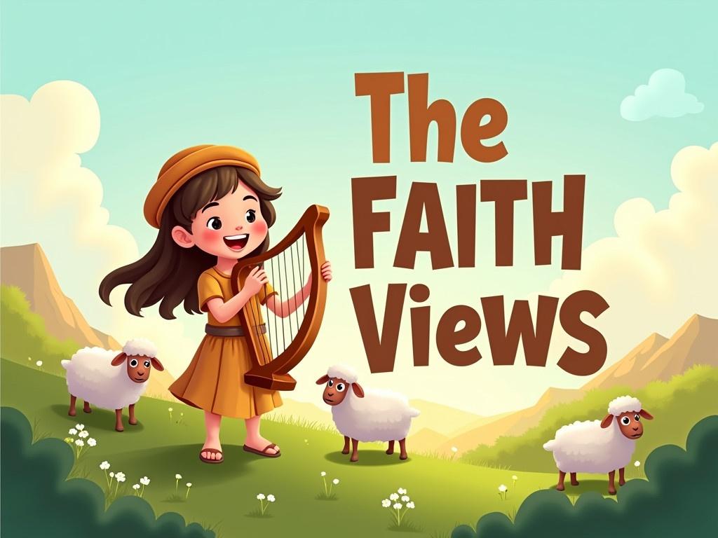 Create a cheerful cartoon illustration for a YouTube channel logo titled 'The Faith Views'. The scene is set in ancient biblical times, featuring a joyful character playing a harp amidst a beautiful landscape. Include fluffy sheep grazing in the green hills around the character. There should be a sense of warmth and positivity in the design, with bright colors and a friendly atmosphere. Ensure that the text 'The Faith Views' is prominently displayed in a fun and engaging font that complements the overall cartoon theme.