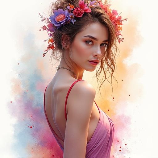 Watercolor painting features a beautiful goddess with a serene expression in soft lighting. Background shows a color explosion effect. Her hair is adorned with flowers and she wears a stylish elegant outfit.