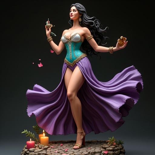 A stunning resin statue of a beautiful gypsy dancer. This collectible figurine showcases her in elegant motion. Her skirt swirls around gracefully. One leg is extended to the side. She is dressed in a turquoise corset and a high-slit purple skirt. Her long dark hair flows around her. The statue has intricate details and textures. The base has cobblestones, candles, and flower petals. Soft lighting creates a dramatic effect.
