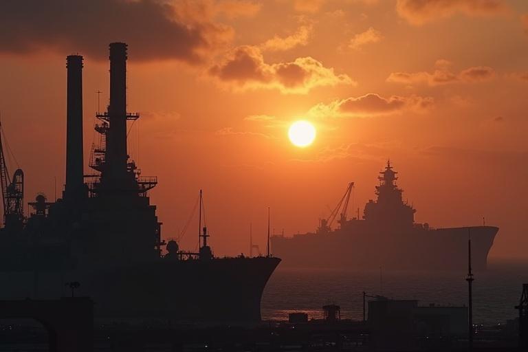 Cinematic scene featuring dark silhouettes of a large factory with smokestacks and tower cranes. A shipyard is visible with a huge battlecruiser in the background, complete with antennas and radars. The scene is set during sunset, with dramatic clouds and a realistic style.
