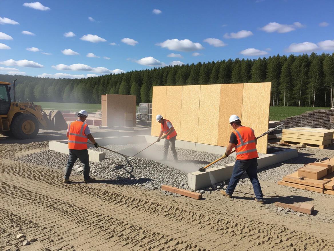 Construction site showcases sustainable practices. Workers in safety vests manage materials. Shredded offcuts reused in concrete. Energy recovery from industrial incineration is possible. Durable compact boards used in design.