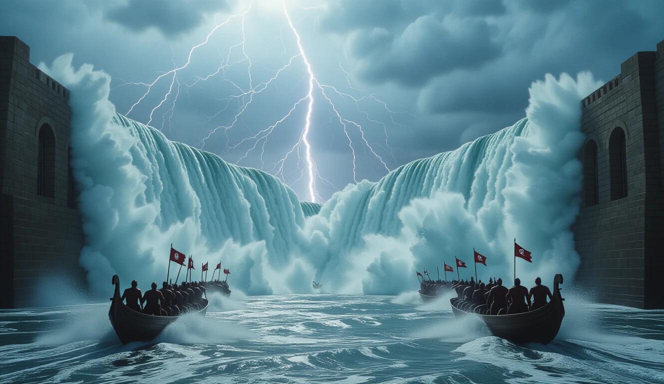 Waters of the sea collapsing inward like a massive fold with heavy clouds. Lightning reflecting on the water wall in slow-motion style view. Water column crashing onto chariots and soldiers with foam exploding. Sea closing with brutality at a tilted top view angle. Hyper-realistic vertical scene.