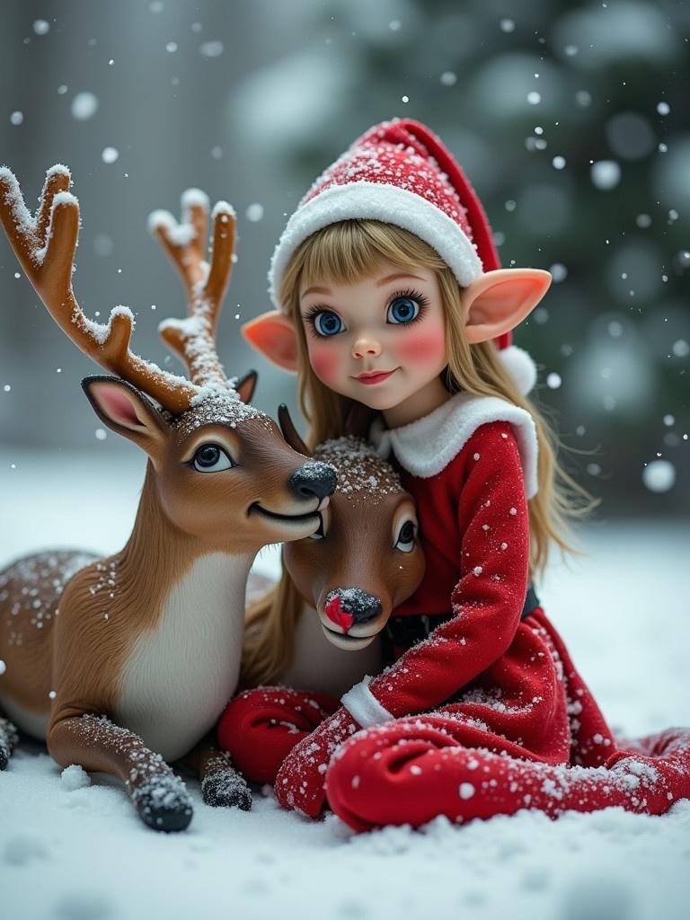 Figures of an elf and reindeer seated together in a wintery setting. Soft snow falls creating a whimsical atmosphere. The elf is dressed in red and has a bright demeanor. Reindeer are depicted with realistic features.