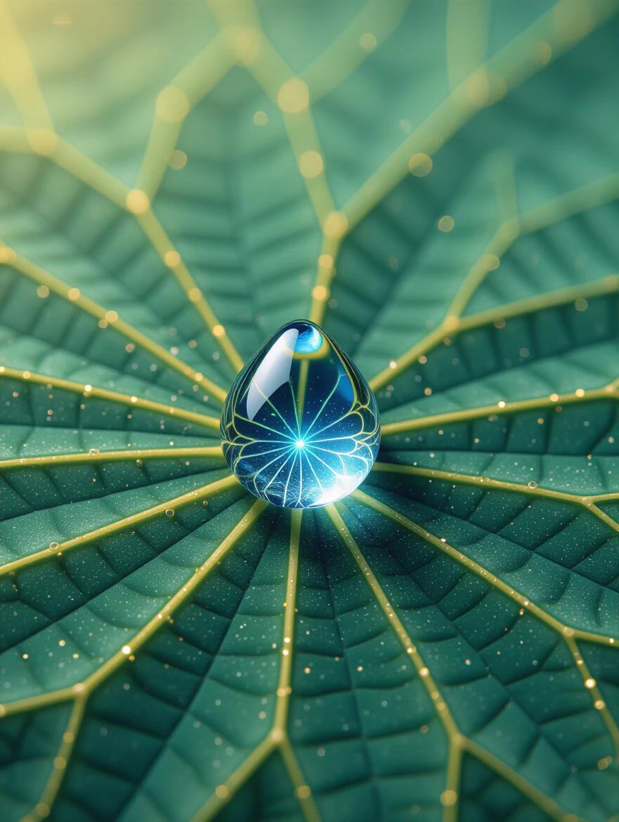 Close-up view of an elongated teardrop shaped droplet on a lotus leaf. The droplet has a bright blue core and golden electric patterns. Emphasizes tension and stretching. Cinematic macro photography style with realism and fantasy.