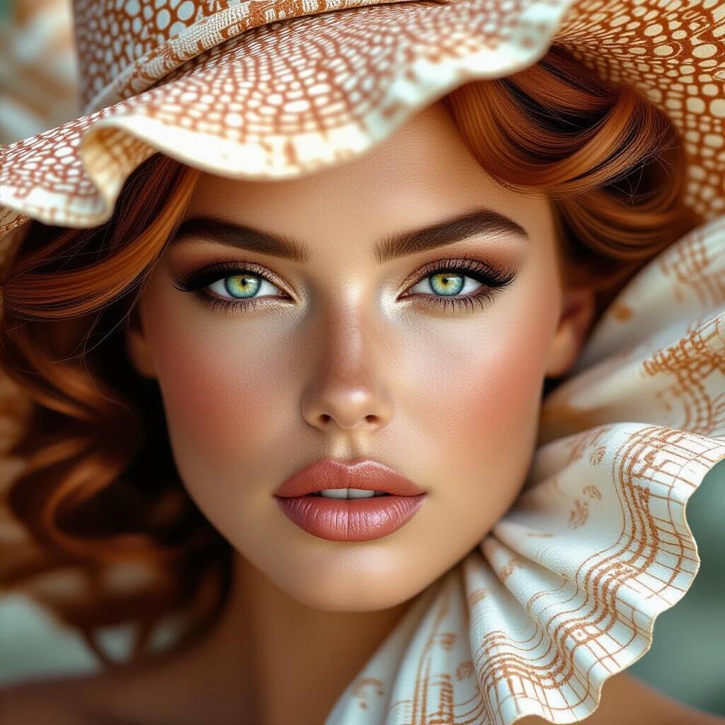 Stylish model wearing a large patterned hat made of delicate fabric. Soft wavy hair cascades around the hat. Model showcases copper skin tone against a dreamy background. The scene captures elegance and lightness. Focus is on the fashion elements and details in textures. Background is ethereal and warm-toned.