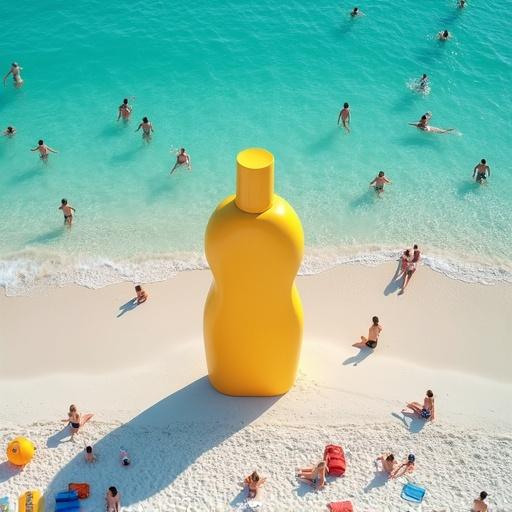 Hyper-realistic top-down view of a beach. Crystal-clear turquoise waters and soft white sand. Giant sunscreen bottle in the center. Its shadow covers beachgoers. Contrast with untouched beach area. Vibrant summer atmosphere.