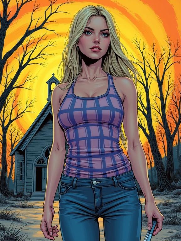 Young woman with long blonde hair in plaid tank-top stands in front of a dilapidated church. She holds a glinting straight razor. Background consists of dying trees with swirling colors. Overall tone is unsettling and grotesque.