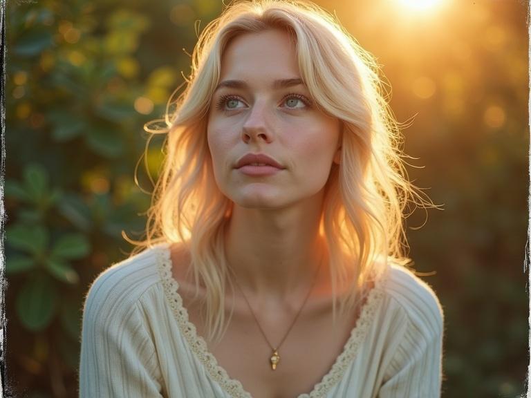Capture a 24 year old Swedish woman outdoors at golden hour. Focus on pale skin, light blonde hair and blue eyes. Use a close up, high angle for a soft expression.