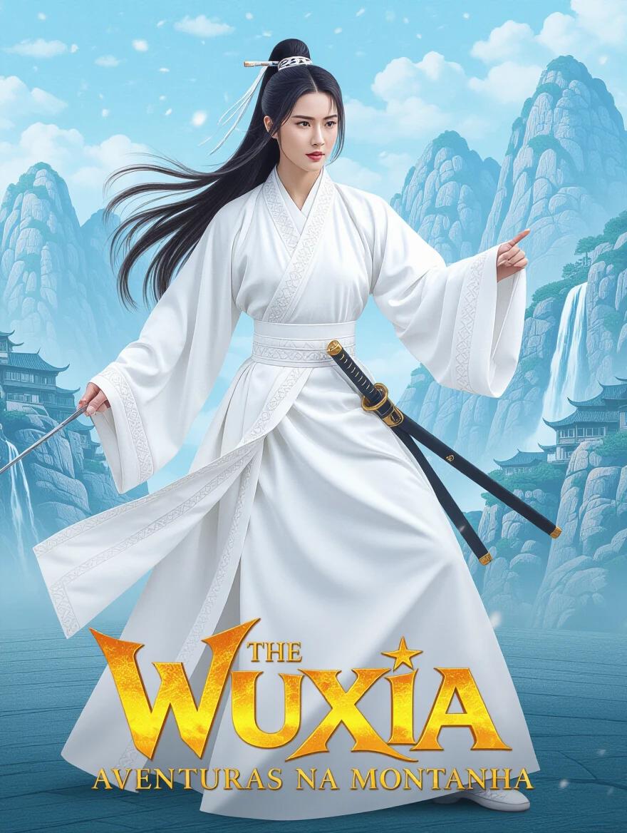 A woman wearing white clothes displays a strong stance. Long hair flows elegantly. She poses with a sword in a traditional setting. The background features tall mountains and waterfalls. The title of the movie is prominently displayed at the bottom.