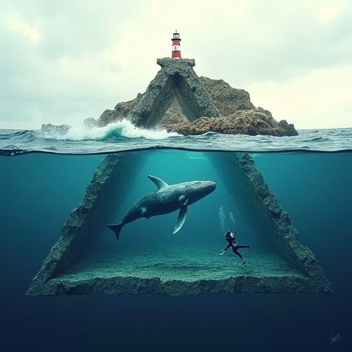 Photo-realistic depiction of impossible geometry featuring a Penrose triangle. Hyper-detailed ocean cross-sections shown. Choppy sea surface with whitecaps is present. Underwater scene reveals a majestic humpback whale with scuba divers exploring. A solitary red and white lighthouse sits on a rocky outcrop at one vertex. Volumetric clouds fill the pale sky. Intricate water textures emphasize surrealism.