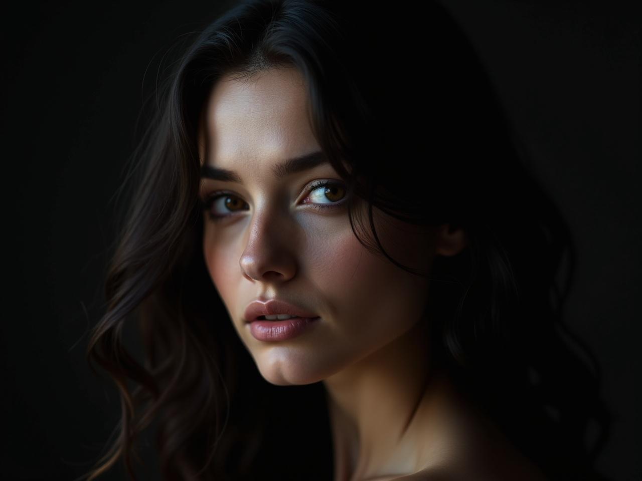 The image showcases a stunning woman captured in a close-up profile. Her skin displays a smooth texture that contrasts beautifully with the dark background. Natural lighting illuminates her face, highlighting the shape of her cheekbones and the depth of her eyes. The interplay of light and shadows creates a sense of intimacy and depth. This texture-rich style emphasizes the layers within the photograph, making it visually engaging and emotive.