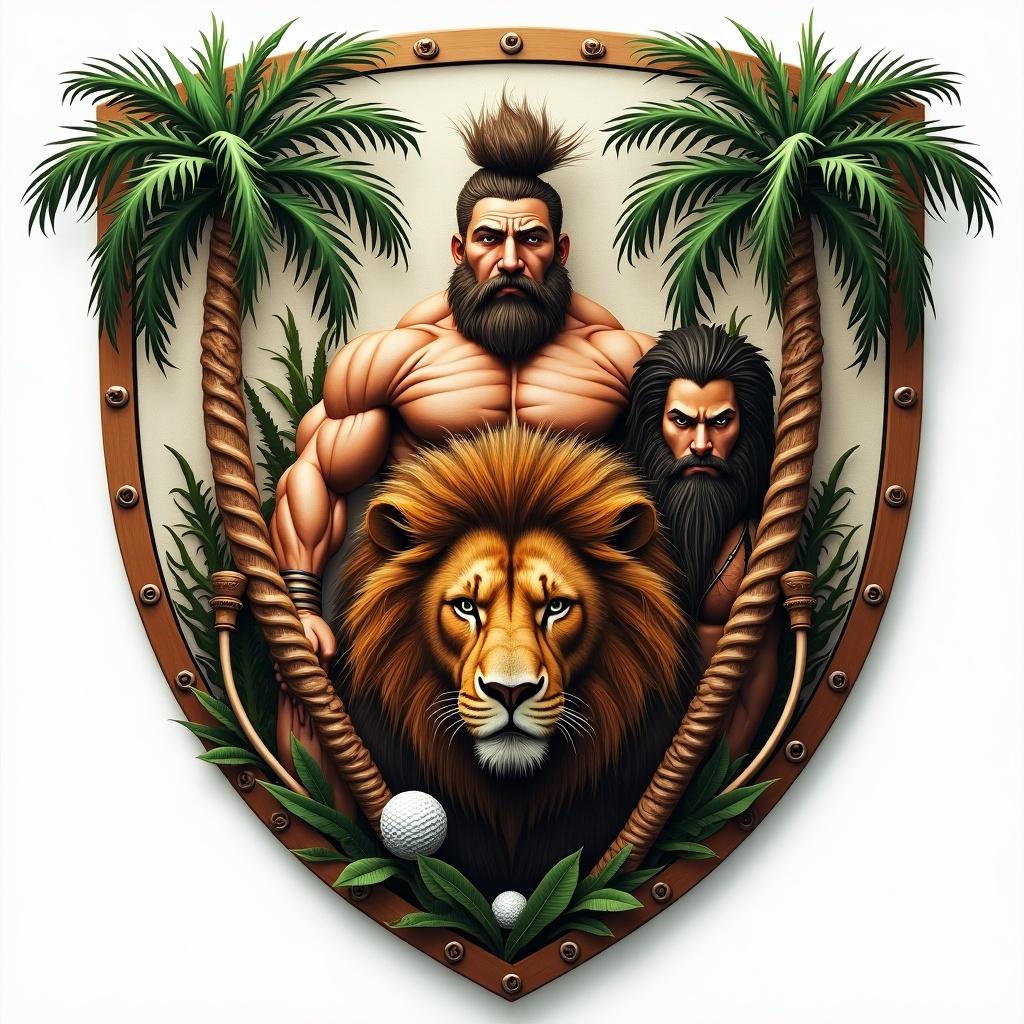 The image depicts a creative shield design that blends various powerful elements. At the center is a majestic lion, symbolizing strength and courage. Flanking the lion are two muscular warriors, showcasing a blend of fitness and pride. Tropical palm trees accentuate the scene, conveying a sense of adventure and nature. A golf ball is included, merging the themes of sport and power. The shield’s unique design can appeal to sports and fitness enthusiasts alike. This artwork captures the essence of strength, nature, and athleticism in a striking visual format.