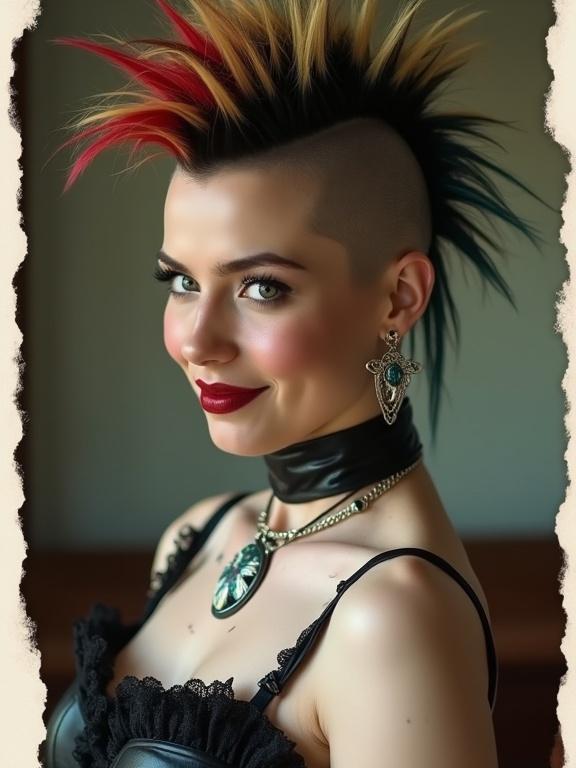 Photograph captures punk woman with multi-coloured spiky mohawk hairstyle and shaved sides. She wears red lipstick, black choker with a cameo, and lace-trimmed leather corset. Angle is slightly low from the side. Her head is turned left, looking over shoulder with a subtle smile. Soft even lighting creates no harsh shadows. Medium close-up composition with blurred background. Torn paper-like border surrounds photo. Likely taken with medium format camera at f/2.8 aperture.