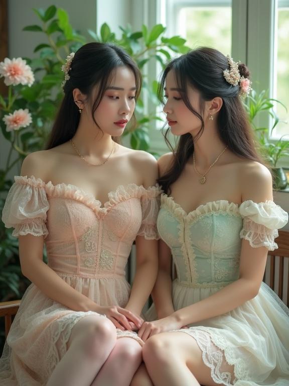 Two young Chinese ladies are seated side by side. They wear pastel-colored outfits adorned with lace. The colors include shades of pink and mint green. Both dresses feature a sweetheart neckline and off-the-shoulder design. The room is filled with greenery and flowers. Natural light shines softly, enhancing the vintage fairytale feel of the scene. The overall atmosphere is serene and gentle.