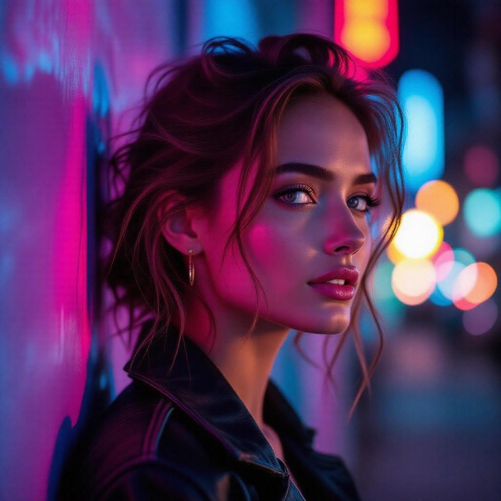 Woman's profile illuminated by vibrant pink and blue lighting. Urban setting with neon ambiance. Close-up shot emphasizing facial features and expressions.
