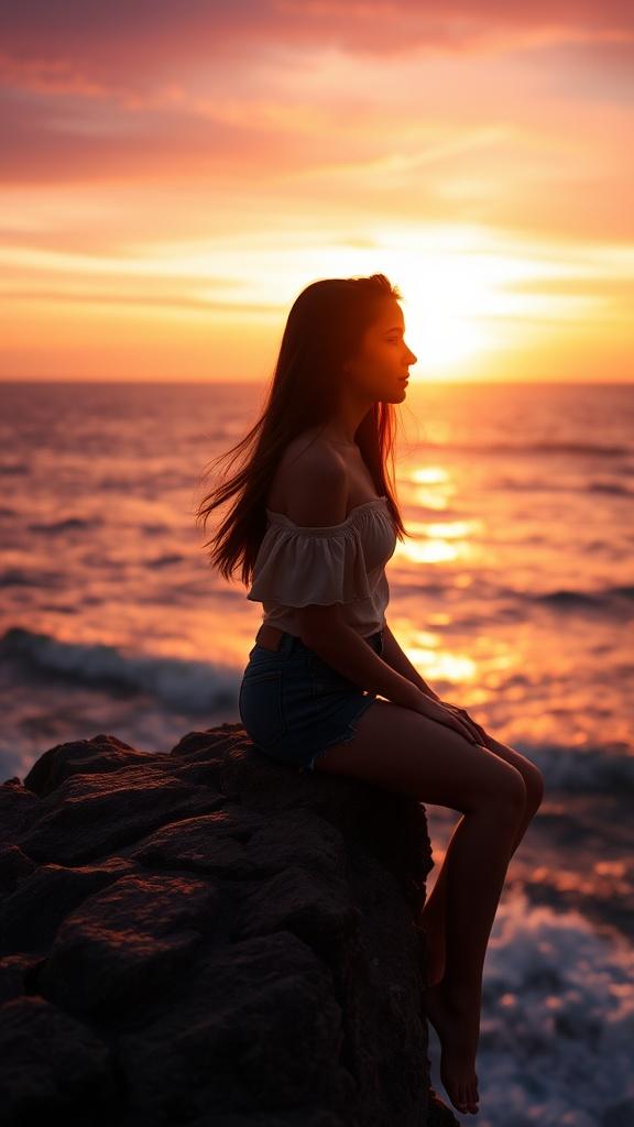 A serene scene of a woman sitting on a rock by the ocean during sunset, with a warm glowing sky.