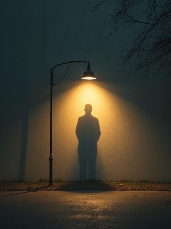 Close-up of a lamp post at night. Yellow light casts a shadow resembling Vladimir Putin on the wall. Dark dramatic atmosphere creates Cold War tension. Surreal concept art representation.
