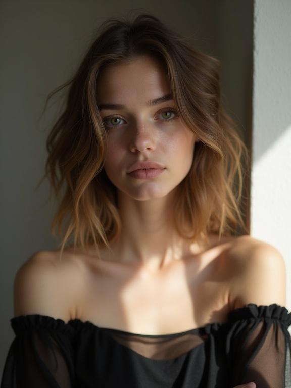 Portrait photograph of a young woman with shoulder-length wavy hair. She is wearing a black off-the-shoulder top. Soft natural light highlights her features. The background is blurred creating a focus on her face. The image has a contemporary, minimalist aesthetic.