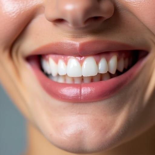 Close-up of a smiling person showcasing perfect white teeth. The mouth is closed with soft lips that have a natural shine. The smile appears bright and inviting.