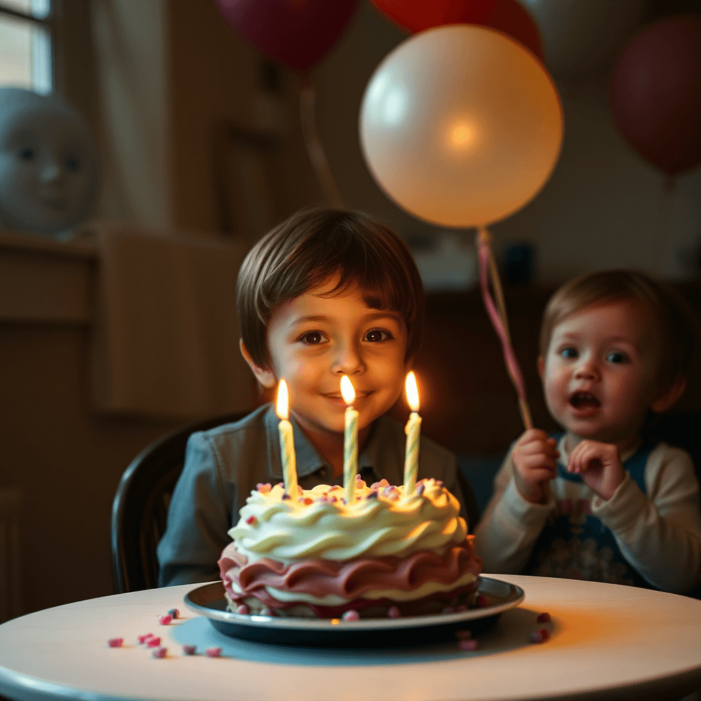 A young child smiles eagerly at a birthday cake with three lit candles, while a smaller child stands beside, holding a balloon.